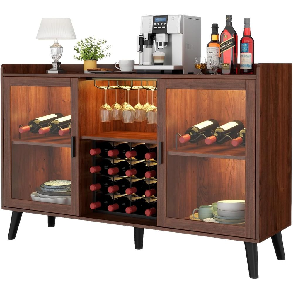 Home Bar Shelves - خزانة بار نبيذ مع إضاءة LED،